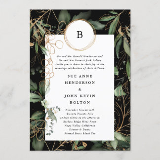 Invitation Cercles d'or noirs Premium Monogramme Eucalyptus