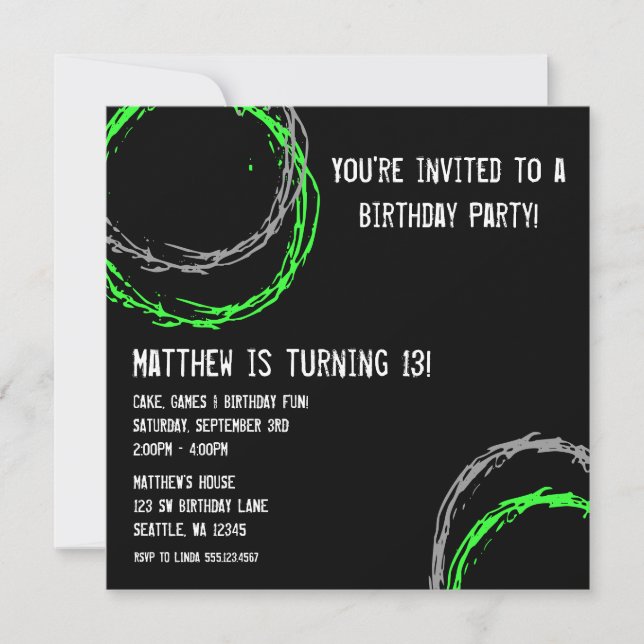 Invitation Cercles gris et vert Grunge Boy Fête d'anniversair (Devant)