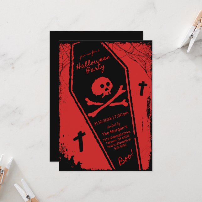 Invitation Cercueil dessiné à la main noir et rouge pour soir (Devant/Arrière en situation)