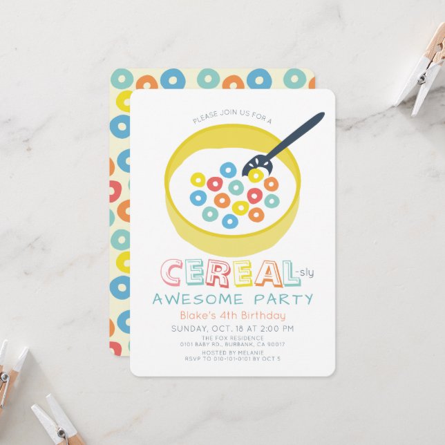 Invitation Cereal-sly Awsome Gâteau Jaune Anniversaire Enfant (Devant/Arrière en situation)