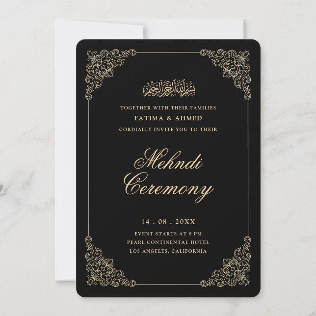 Invitation Cérémonie Antique Baroque Mehndi Noir Or Script (Devant)