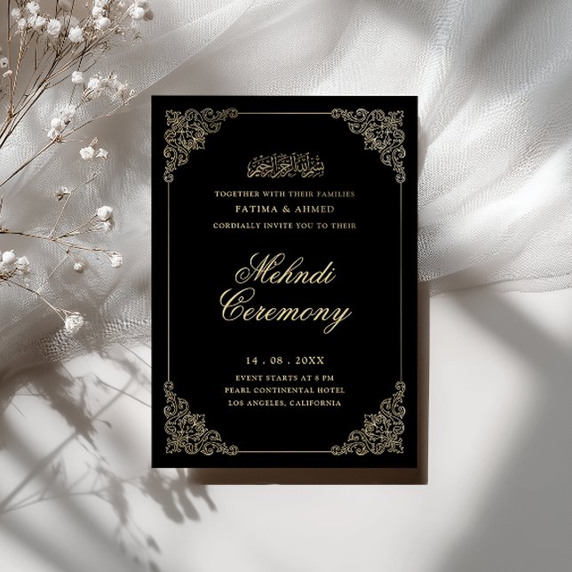 Invitation Cérémonie Antique Baroque Mehndi Noir Script Or (Créateur téléchargé)