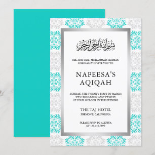 Invitation Cérémonie Aqiqah islamique en damas floral turquoi