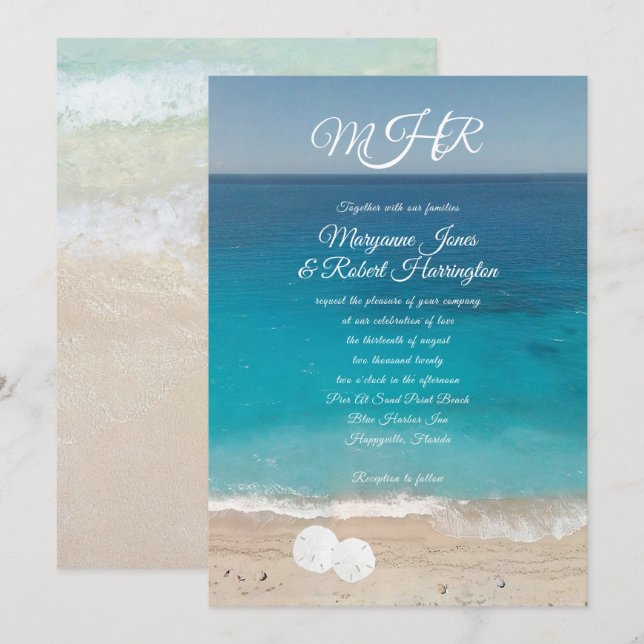Invitation Cérémonie Blue Water Beach Mariage Monogram Invita (Devant / Derrière)
