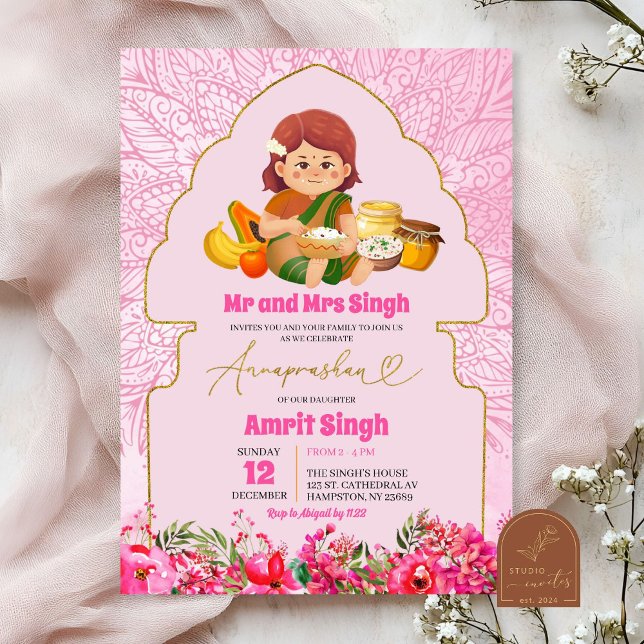 Invitation Cérémonie d'alimentation en riz pour bébé fille An (Créateur téléchargé)