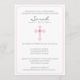 Invitation Cérémonie de baptême Croix rose Fille