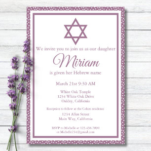 Invitation Cérémonie de baptême de bébé juif violet Simchat B
