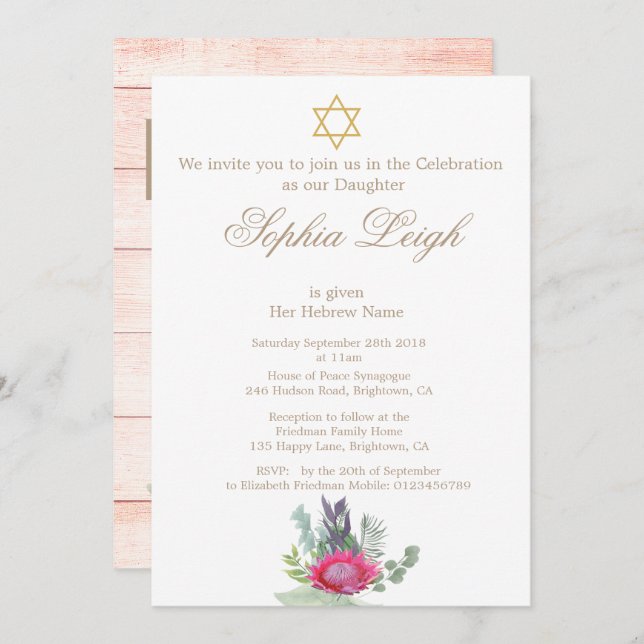 Invitation Cérémonie de baptême Hébreu Floral Rustic Girl (Devant / Derrière)