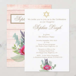 Invitation Cérémonie de baptême Hébreu Floral Rustic Girl