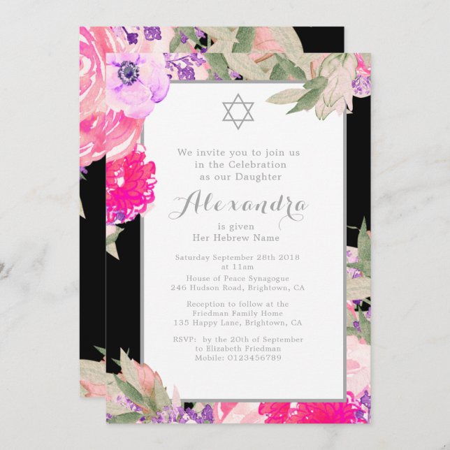 Invitation Cérémonie de baptême pour bébé hébreu floral éléga (Devant / Derrière)