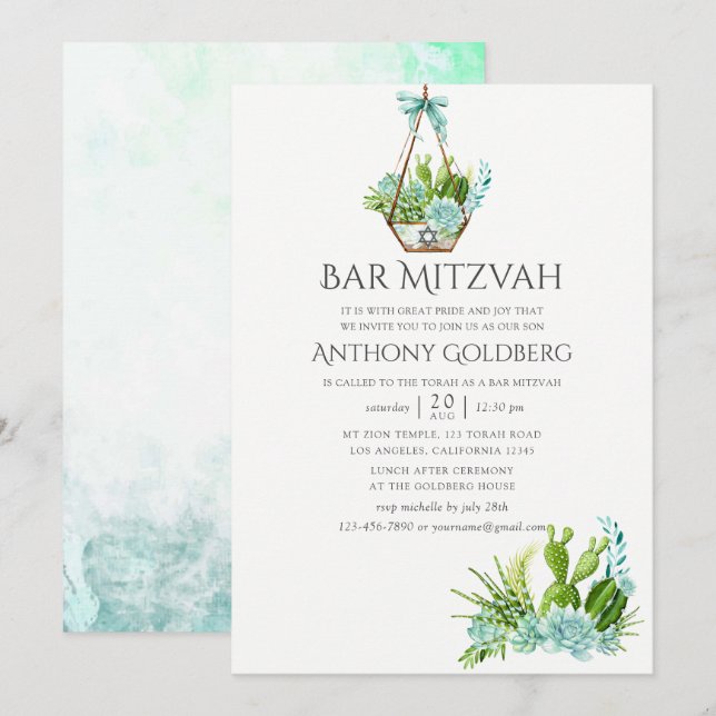Invitation Cérémonie de Bar Mitzvah avec des succulentes à l' (Devant / Derrière)