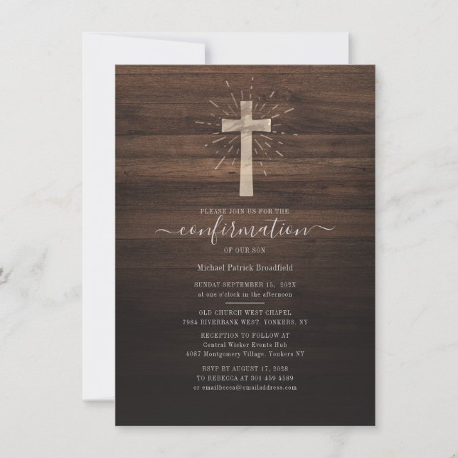 Invitation Cérémonie de confirmation Église Croix Bois rustiq (Devant)