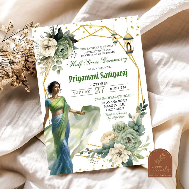 Invitation Cérémonie de demi-sari floral vert sauge en Inde (Créateur téléchargé)