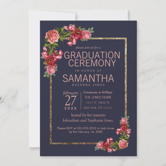 Invitation Cérémonie de graduation en or bleu rose floral de  (Devant)