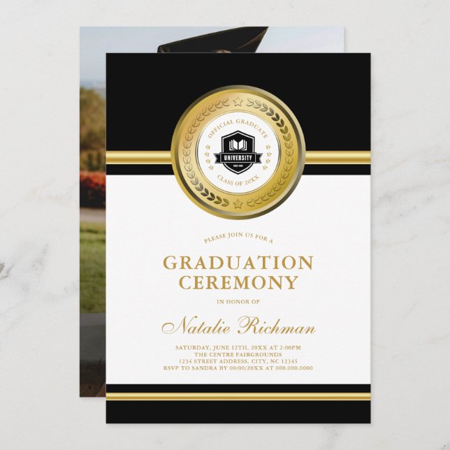 Invitation Cérémonie de graduation officielle Black & Gold Ph (Devant / Derrière)