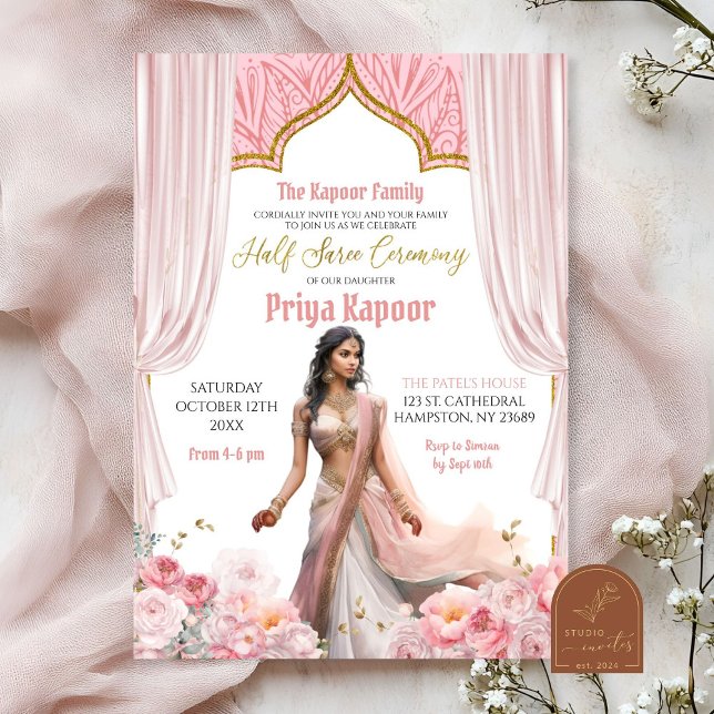 Invitation Cérémonie de la demi-saree de fille indienne rose  (Créateur téléchargé)