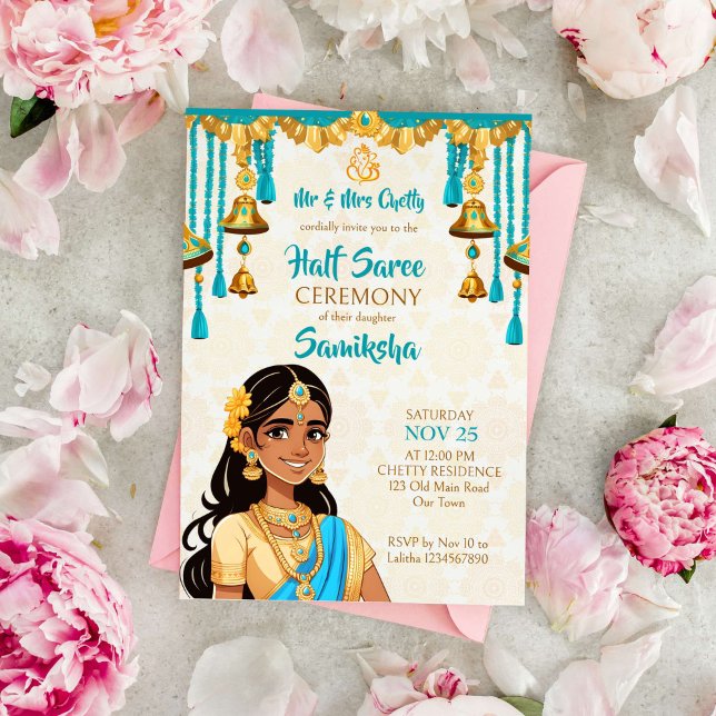 Invitation Cérémonie de la demi-Saree mignonne fille indienne (Half saree ceremony template invitation cute Indian girl with sari cartoon blue gold bells decor)