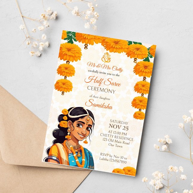 Invitation Cérémonie de la demi-Saree mignonne fille indienne (Half saree ceremony template invitation instant download cute Indian girl in traditional clothes)