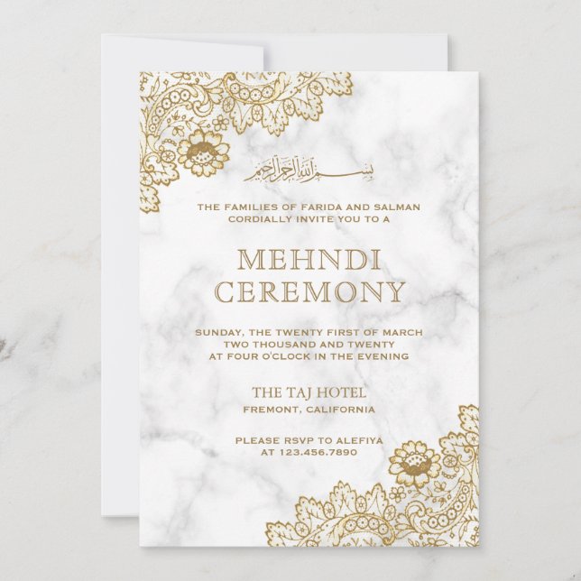 Invitation Cérémonie de la dentelle d'or Marbre blanc islamiq (Devant)