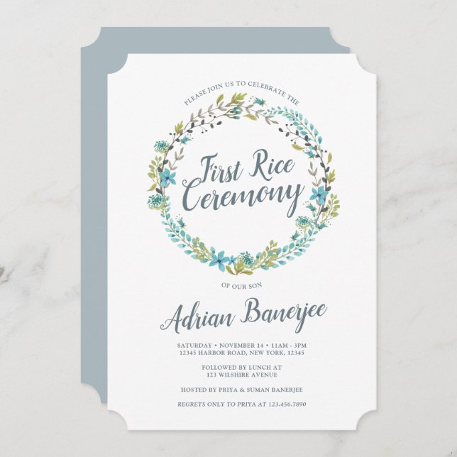 Invitation Cérémonie de la première couronne de riz bleu vert (Devant / Derrière)