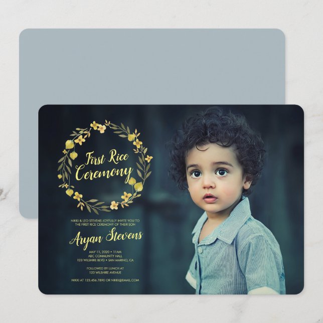 Invitation Cérémonie de la première couronne de riz jaune (Devant / Derrière)