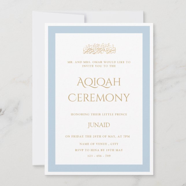 Invitation Cérémonie de l'Aqiqah minimal d'or bleu Little Pri (Devant)