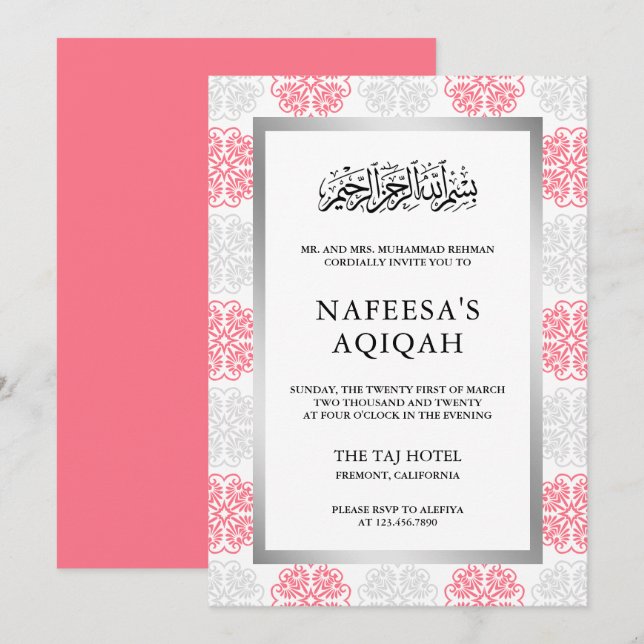 Invitation Cérémonie de l'Aqiqah musulmane grise et rose flor (Devant / Derrière)