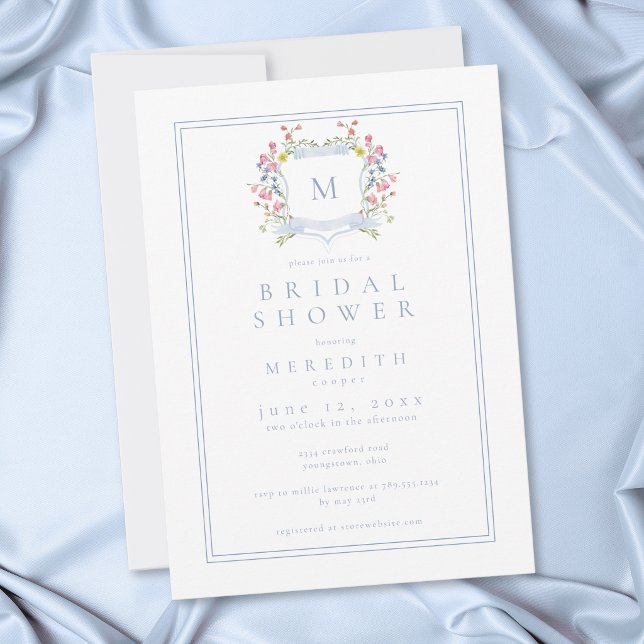 Invitation Cérémonie de mariage avec blason de fleur sauvage  (Elegant Blue Pastel Wildflower Crest Bridal Shower Invitation)