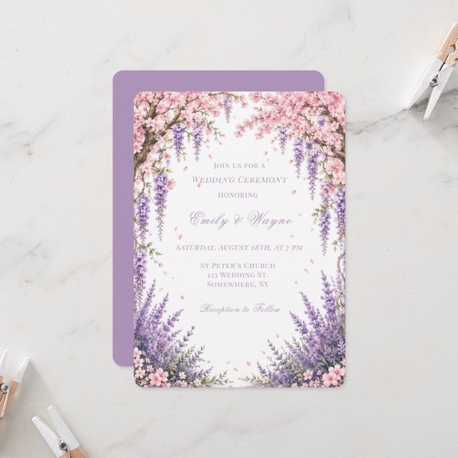 Invitation Cérémonie de mariage sous l'arbre de fleurs de cer (Devant/Arrière en situation)