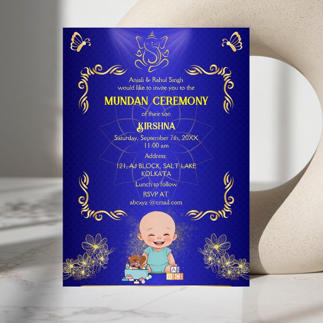 Invitation Cérémonie de Mundan Ganesha Logo Bleu Papillon dor (Créateur téléchargé)