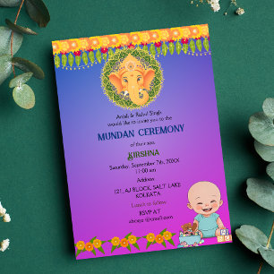 Invitation Cérémonie de Mundan Logo Ganesha Minimal Floral