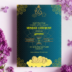 Invitation Cérémonie de Mundan logo Ganesha Royal Golden & Tu