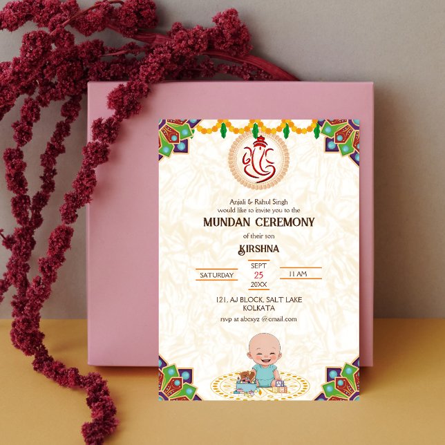 Invitation Cérémonie de Mundan logo Ganesha Royal Golden & Tu (Créateur téléchargé)