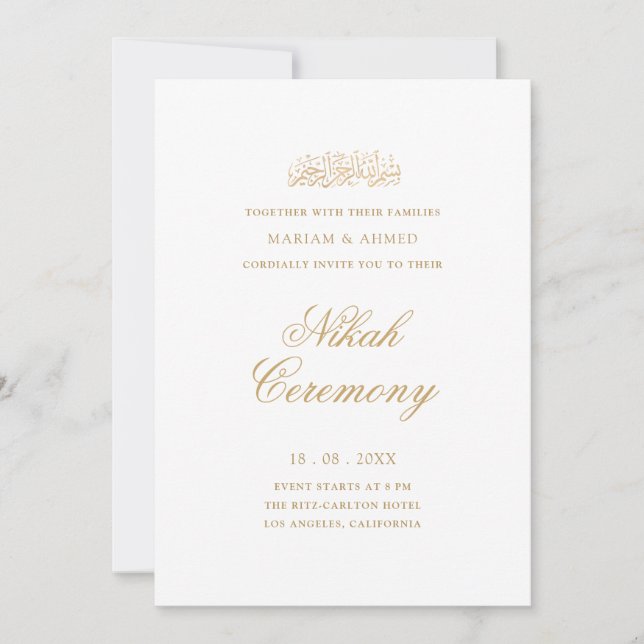 Invitation Cérémonie de Nikah à l'écriture dorée simple et mo (Devant)