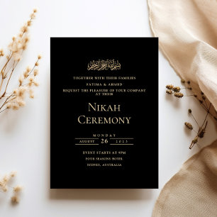 Invitation Cérémonie de Nikah noire minimaliste or script for
