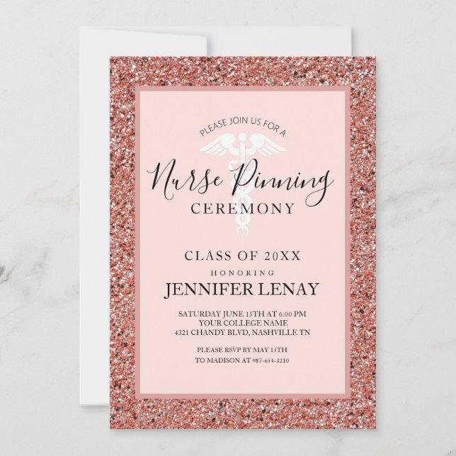 Invitation Cérémonie de Pinning Rose Gold Parties scintillant (Devant)
