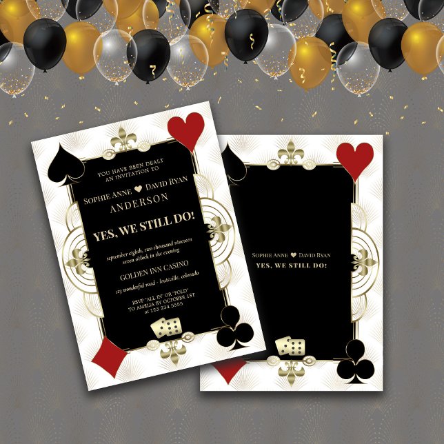 Invitation Cérémonie de renouvellement de vœux au casino élég (Art Deco renew the vows invitation, gold black white casino invitation, )