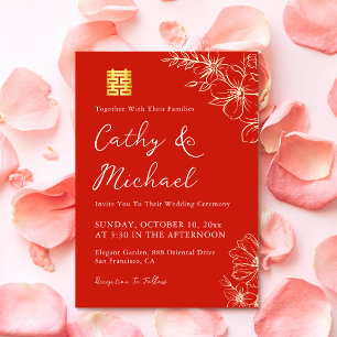 Invitation Cérémonie de thé mariage chinois à fleurs rouges