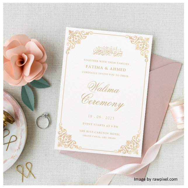 Invitation Cérémonie de Walima en écriture stylée dorée rococ (Créateur téléchargé)