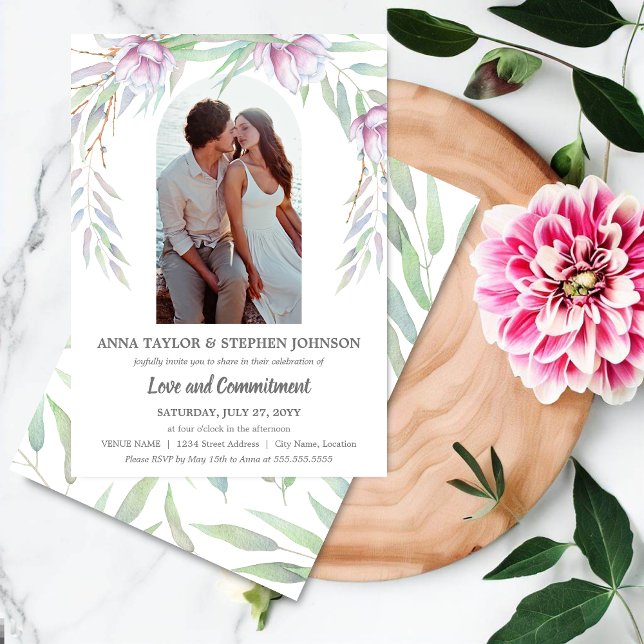 Invitation Cérémonie d'engagement de la floraison et de la ph (Beautiful floral and photo commitment ceremony invitation front and back.)