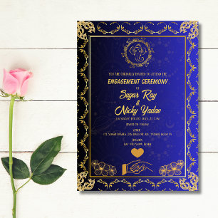 Invitation Cérémonie d'engagement hindoue indienne bleu et or
