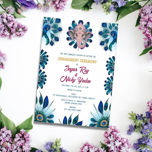 Invitation Cérémonie d'engagement hindoue indienne Plume de p (Créateur téléchargé)