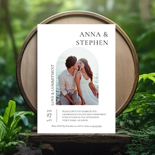 Invitation Cérémonie d'engagement photo simple élégance (Simple elegance commitment ceremony or vow exchange party invitation front view.)