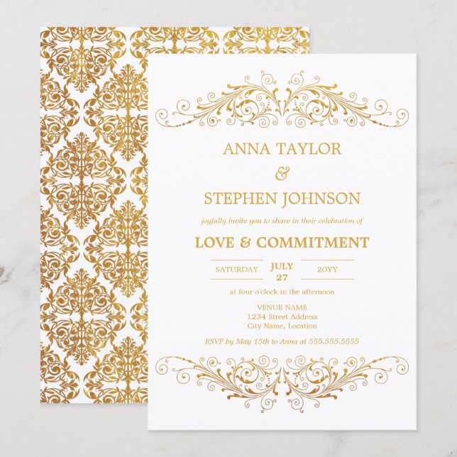 Invitation Cérémonie d'engagement vintage Gold Flourish (Devant / Derrière)
