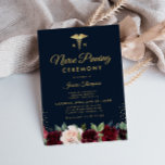 Invitation Cérémonie d'épinglage de la marine bordeaux modern<br><div class="desc">Un mélange d'écriture dorée et de belles fleurs d'aquarelle marine bordeaux. Vous pouvez customiser ce modèle d'invitation de diplôme avec vos propres détails. Vous pouvez modifier les couleurs,  le libellé,  le texte et d'autres fonctions.</div>