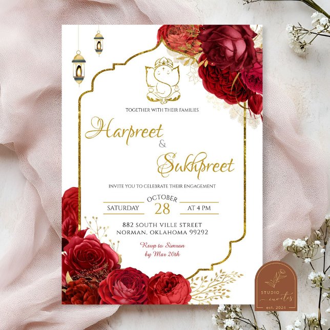 Invitation Cérémonie des Mariages indiens floraux de Roses ro (Créateur téléchargé)