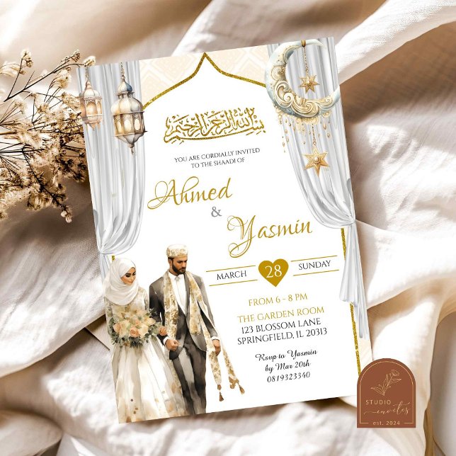 Invitation Cérémonie du Mariage du Baraat musulman d'or blanc (Créateur téléchargé)