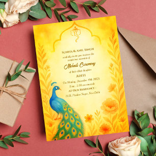 Invitation Cérémonie du Mehndi de la Mariée Indienne Paon Flo
