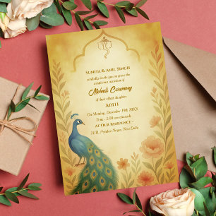 Invitation Cérémonie du Mehndi de la Mariée Indienne Paon Flo