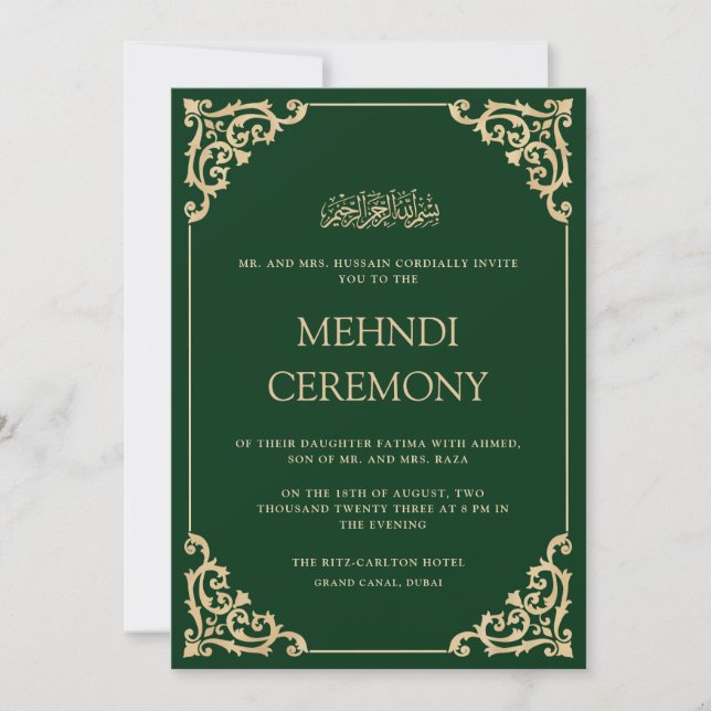 Invitation Cérémonie élégante de Mehndi au henné vert orné d' (Devant)